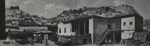 В.Тимм. Вид аула Кумух, рисованный с натуры террасы ханского дома. 1840-е гг.